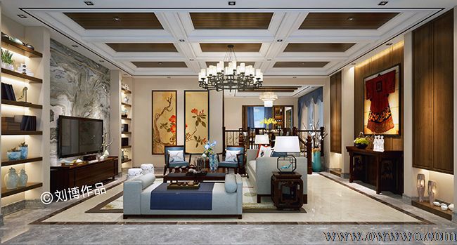 成都鲁班装饰刘博&田燕设计师新中式风格别墅装修效果图