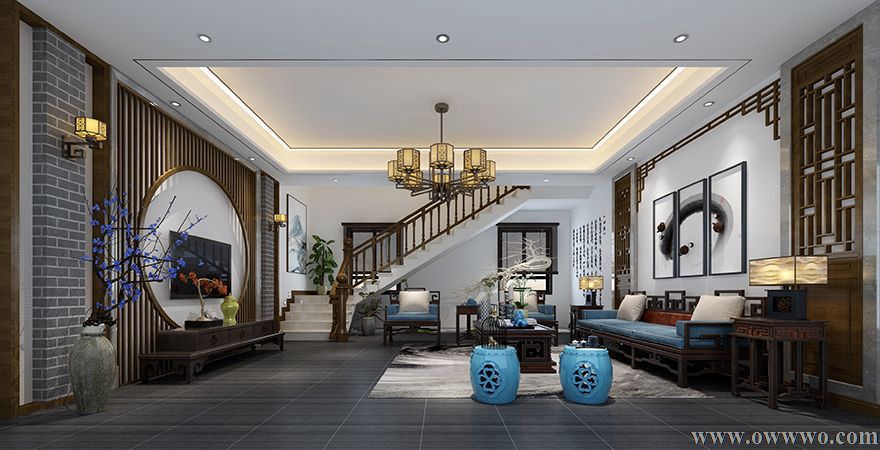 鲁班装饰成都新中式别墅客厅楼梯装修设计效果图 鲁班装饰成都新中式别墅客厅楼梯装修设计效果图